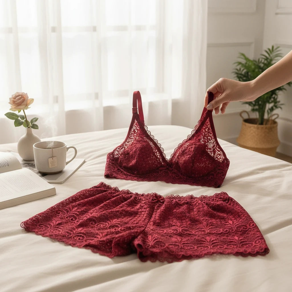 KLYRO FASHION dark red lace lingerie set with a bralette and matching shorts displayed on a white bedspread