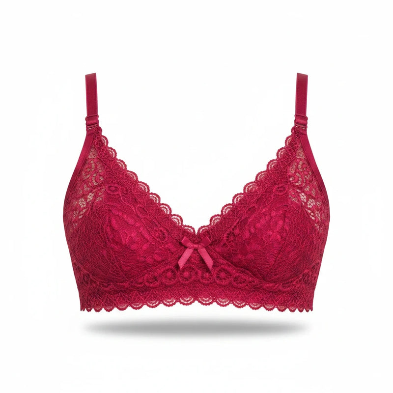 KLYRO FASHION deep berry floral lace bralette with scalloped edges, adjustable straps, and a center bow detail.
