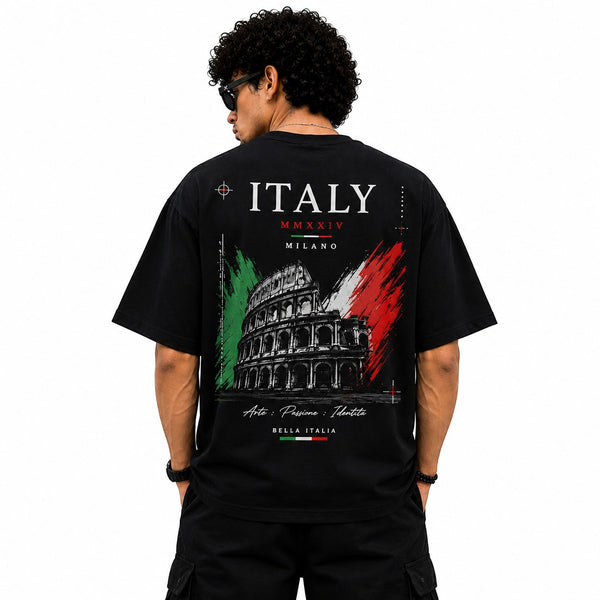 KLYRO FASHION black oversized cotton t-shirt with back graphic of the Colosseum and Italian flag brushstroke design