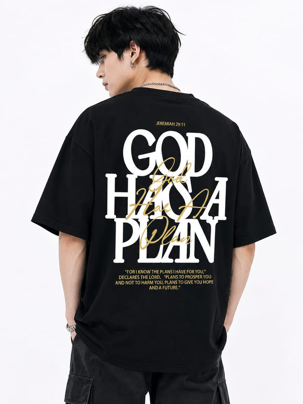 KLYRO FASHION black oversized cotton t-shirt with white and gold graphic print on back, drop-shoulder streetwear style