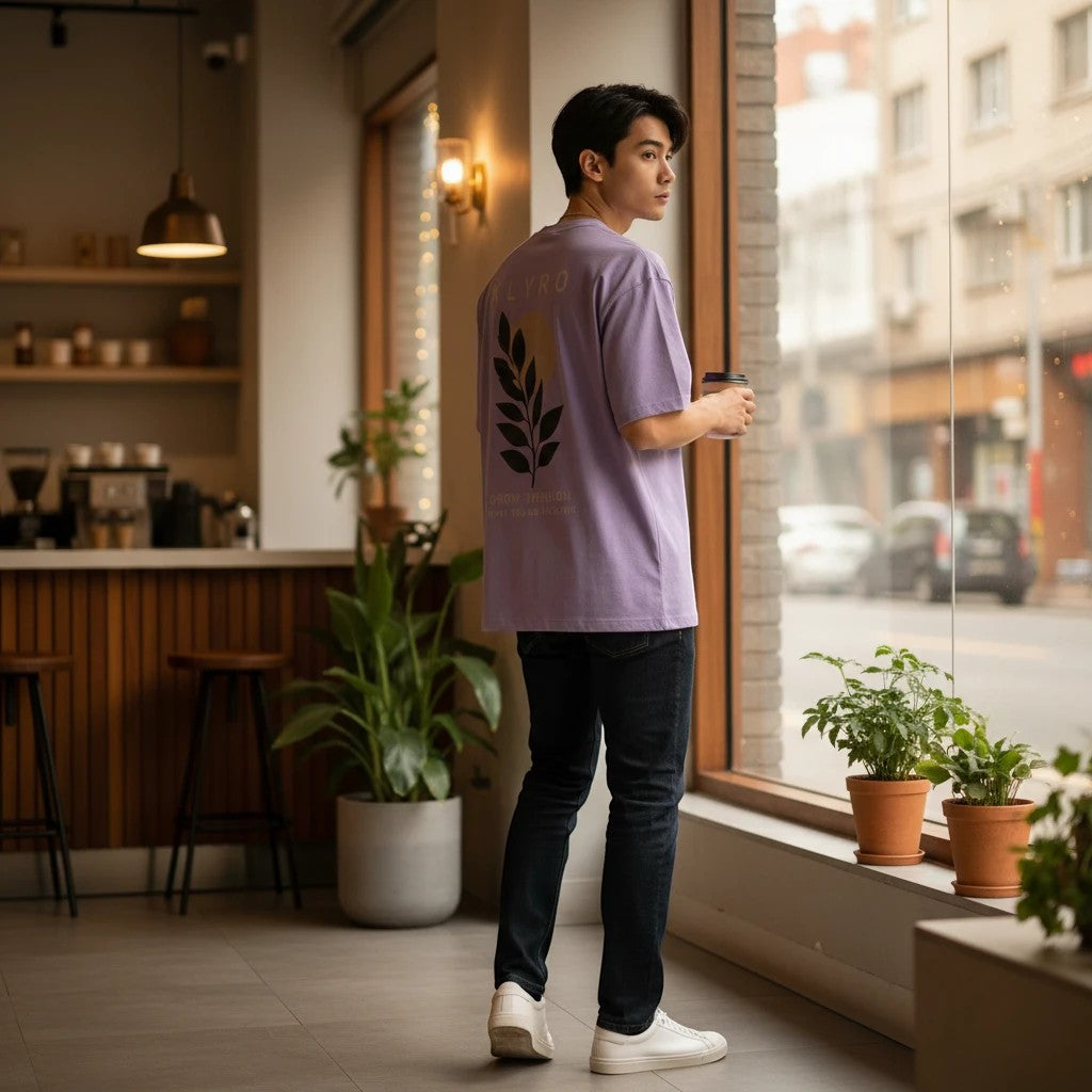 Man wearing a lavender KLYRO FASHION oversized graphic t-shirt with a nature-inspired back print in a cafe setting