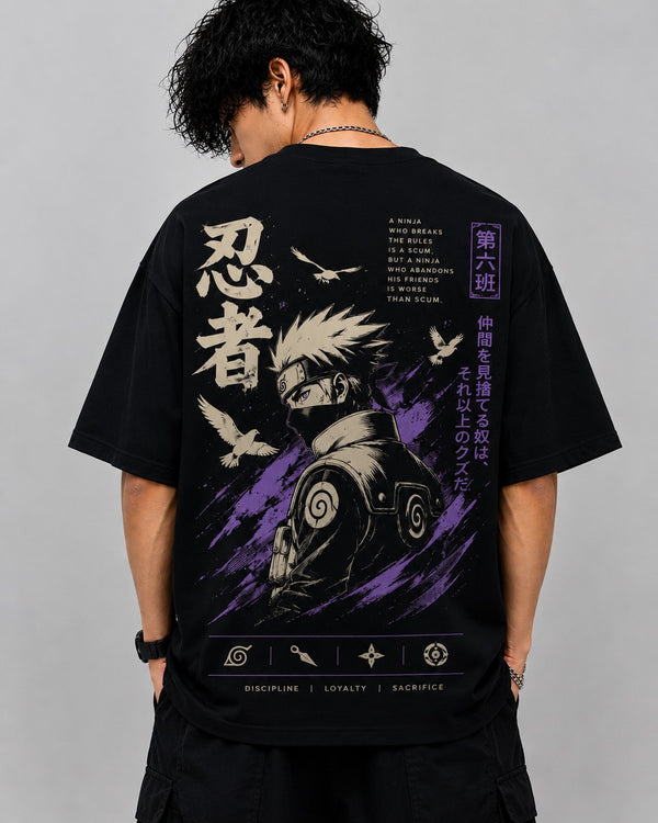 KLYRO FASHION oversized black cotton t-shirt with detailed anime ninja graphic print on the back